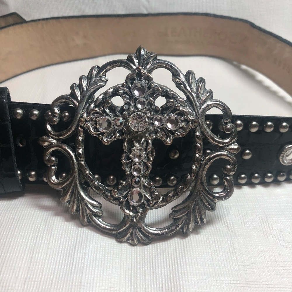 Genuine Leather Belt with Embellished Cross Buckle